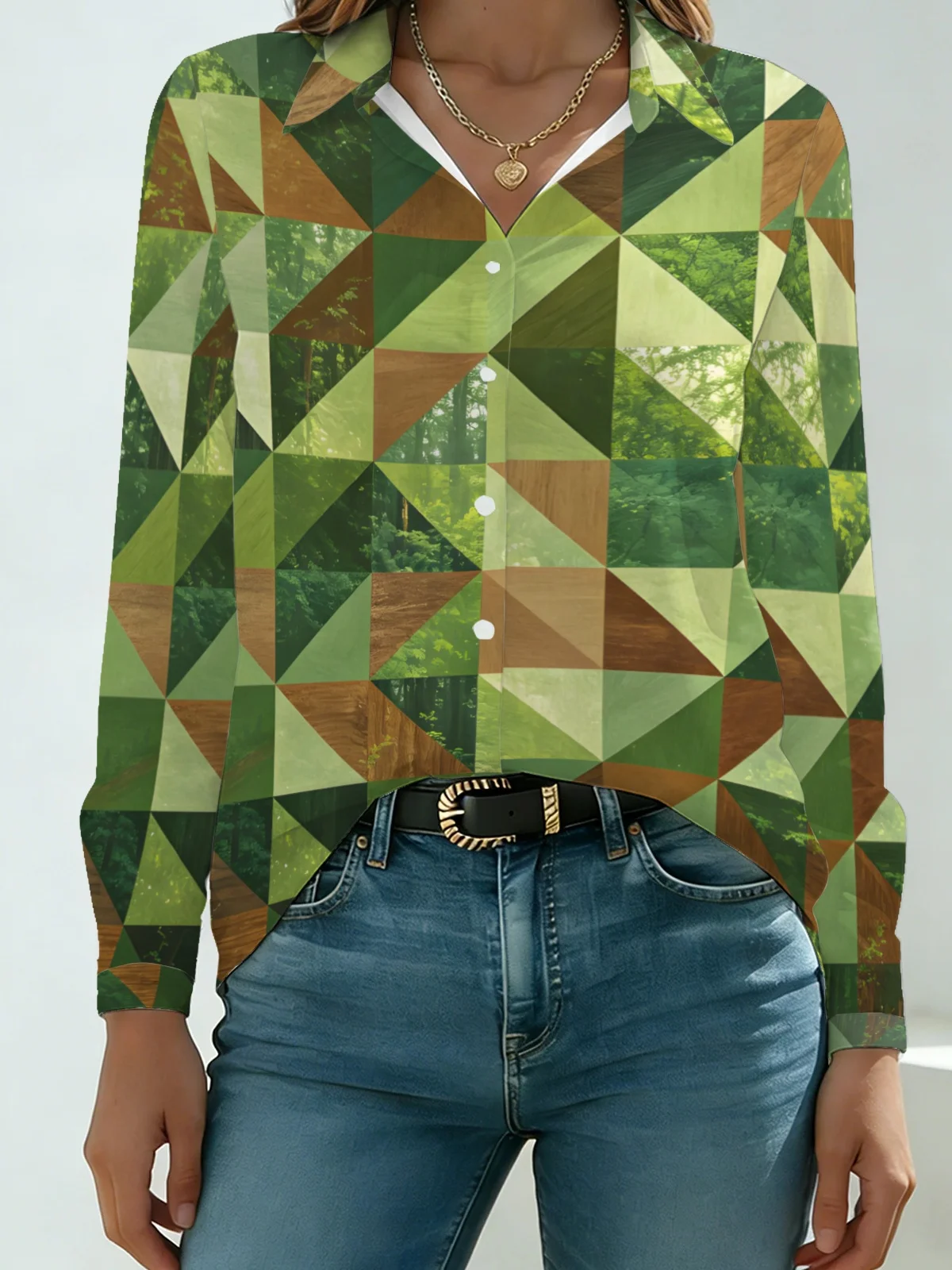 Modern Geometric Landscape Womens Collared Shirt Earth Green Tone Triangle Patchwork Forest Tree Allover Print Long Sleeve Outdo