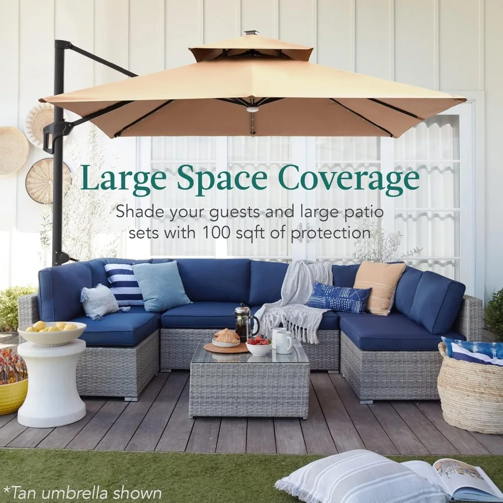 10x10ft 2-Tier Square Cantilever Patio Umbrella with Solar LED Lights, Offset Hanging for Backyard w/Included Fillable Base image 6
