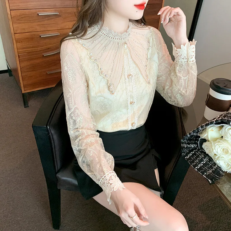 #2582 Vintage Lace Blouse Women Ruffles Collar Split Joint Buttons Chiffon Womens Tops And Blouses Long Sleeve France Style