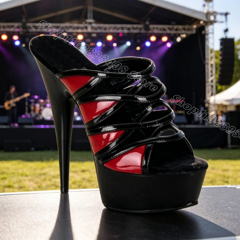Bicolor Totem Platform Slip on Slippers Stiletto Leather Open Toe Stylish Summer Women Dancing Sexy Sandals Zapatos Para Mujere
