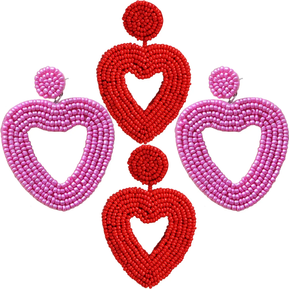 2Pairs Heart Earrings Trendy Beaded Drop Earrings for Girls Everyday Party Love Heart Dangle Jewelry Ear Jewelry