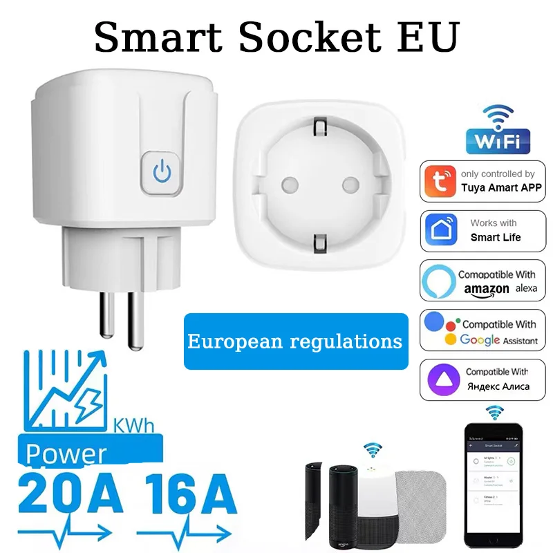 

Smart Socket Adapter EU 16A/20A AC100-240V Wifi Smart Plug Power Outlet Alexa Google Home Voice Control Tuya Smart Life APP