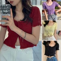 Summer Spring Lace T-shirt Korean Style Stylish Button Short Sleeves Top Slim Fit Knitted Cardigans