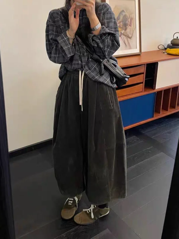 European Style Fashion Corduroy Elastic Waist Wide Leg Pants Autumn Winter New Loose Casual Versatile Ladies Straight Cut Tro...