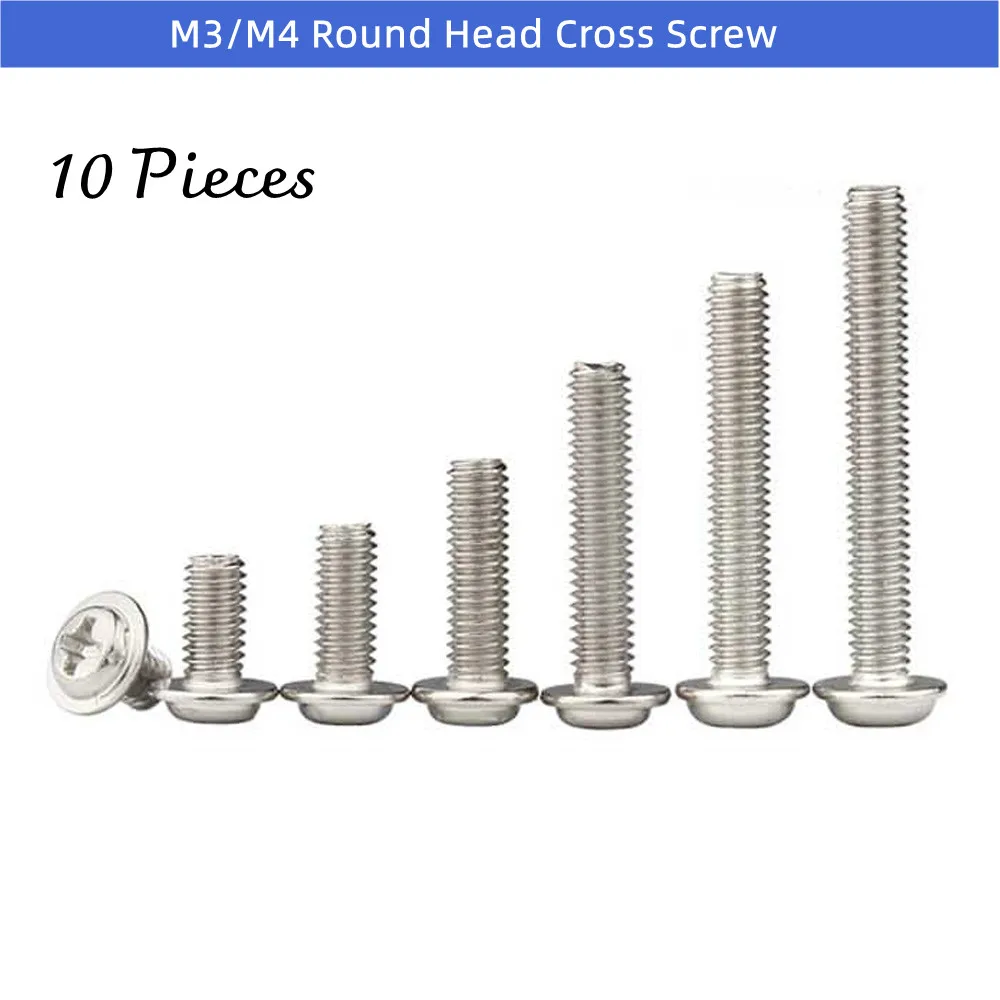 10 Pieces M3/M4 Round Head Screw 5mm 8mm 10mm 12mm PWM Pan Washer Stainless Steel Phillips Cross Bolt Nut Screws