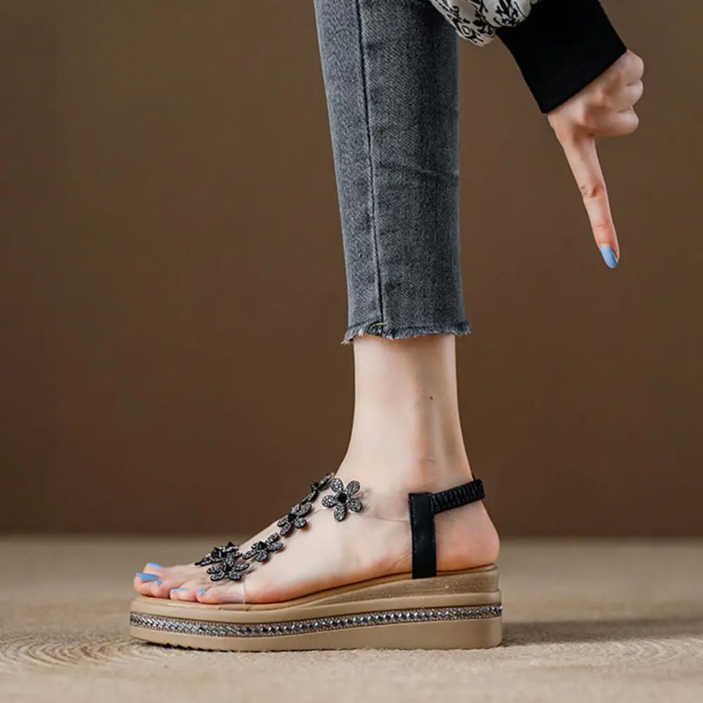 Women's Bohemian Rhinestone Wedge Sandals, Elastic Ankle Strap Transparent Platform Shoes, Casual Summer Wear view 6