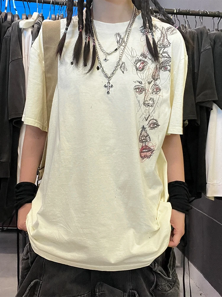 Neutral Cold Dark American Retro Vintage Short Sleeve T-Shirt 180G Hole Distressed Fashion Summer 2025 Shoulder Eye Graffiti