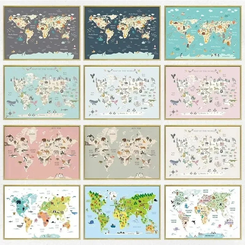 Nursery World Map Poster Prints Pastel Animal Theme Educational Canvas Wall Art Decor Pictures Painting for Kids Room Decor Art