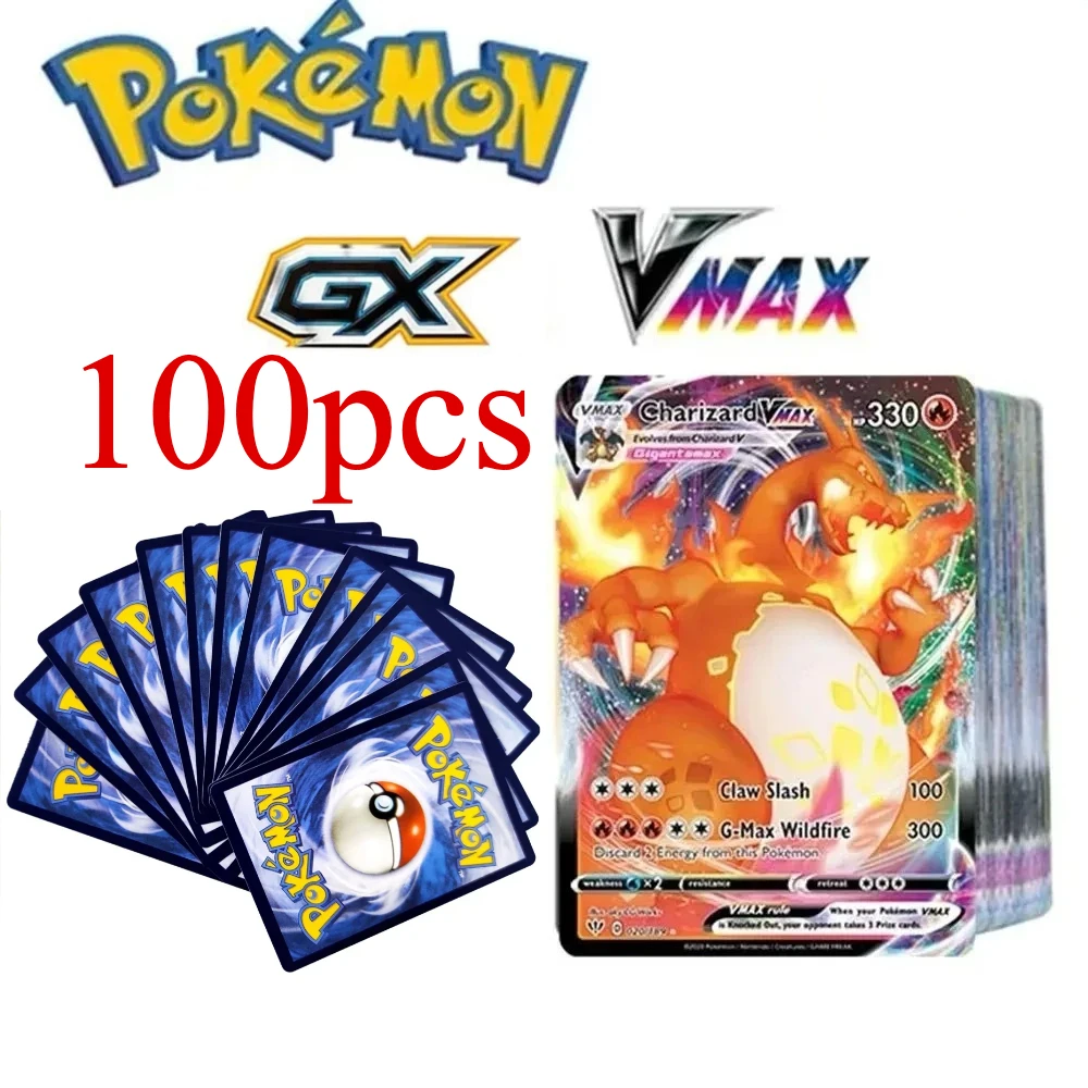100Pcs Pokémon GX Vmax Rainbow Rare Trading Cards English French Spain Holographic Shiny Battle Game Cards Collectible Toy Gift·