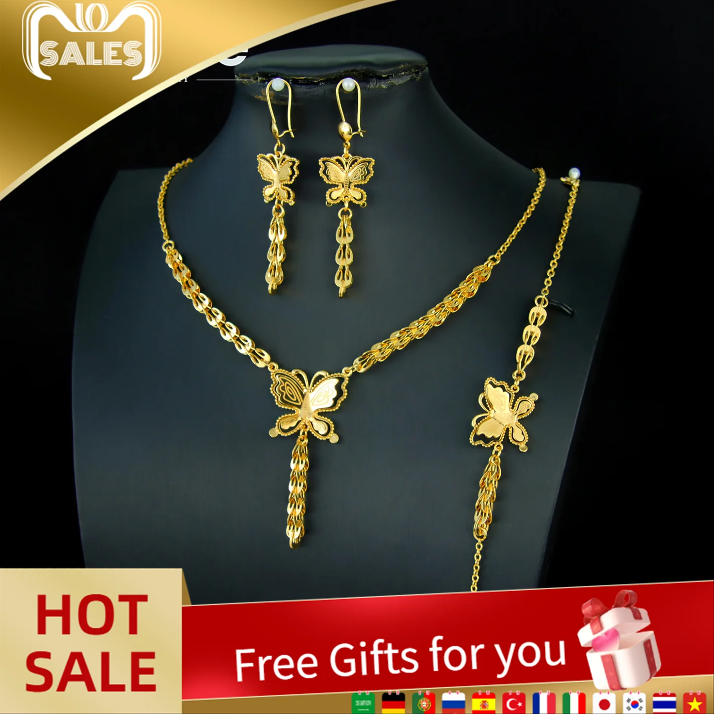Fashion Gold Color Butterfly Necklace Set 21k Gold Plated Arabic Tassel Pendants Dubai Women Wedding Party Ramadan Jewelry