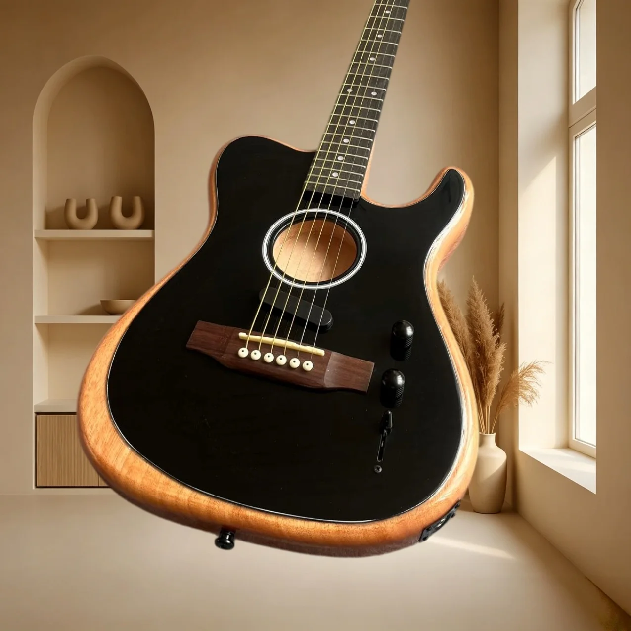 STAS Acoustic Electric Hybrid Hollow Guitar Mahogany Body Gloss Black Top Dual Mode Folk Sing Fingerstyle Stage Guitar