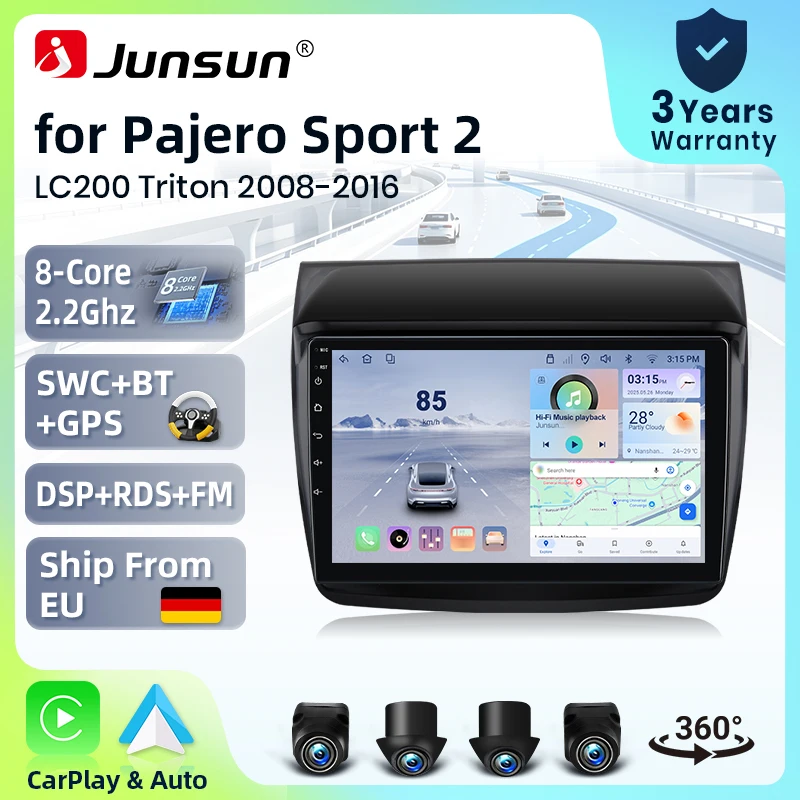 Systèmes stéréo intelligents Android 15 Junsun 9 pouces pour Mitsubishi Pajero Sport 2 L200 Triton 2008-2016, caméra 360°, autoradio, CarPlay sans fil, commande vocale IA, écran tactile IPS, lecteur multimédia intelligent, lecteur vidéo, unité principale 2 DIN, GPS, Mirror Link, Bluetooth