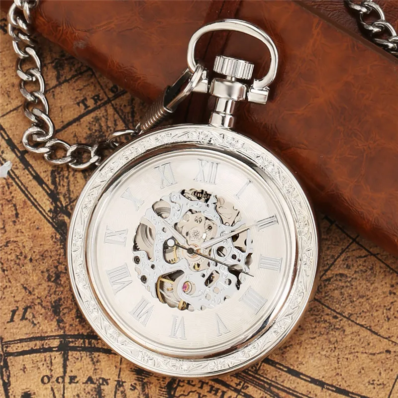 Relógio de bolso mecânico prateado para homens, relógio de esqueleto automático, ponteiros luminosos, visor numeral romano, relógios abertos com corrente