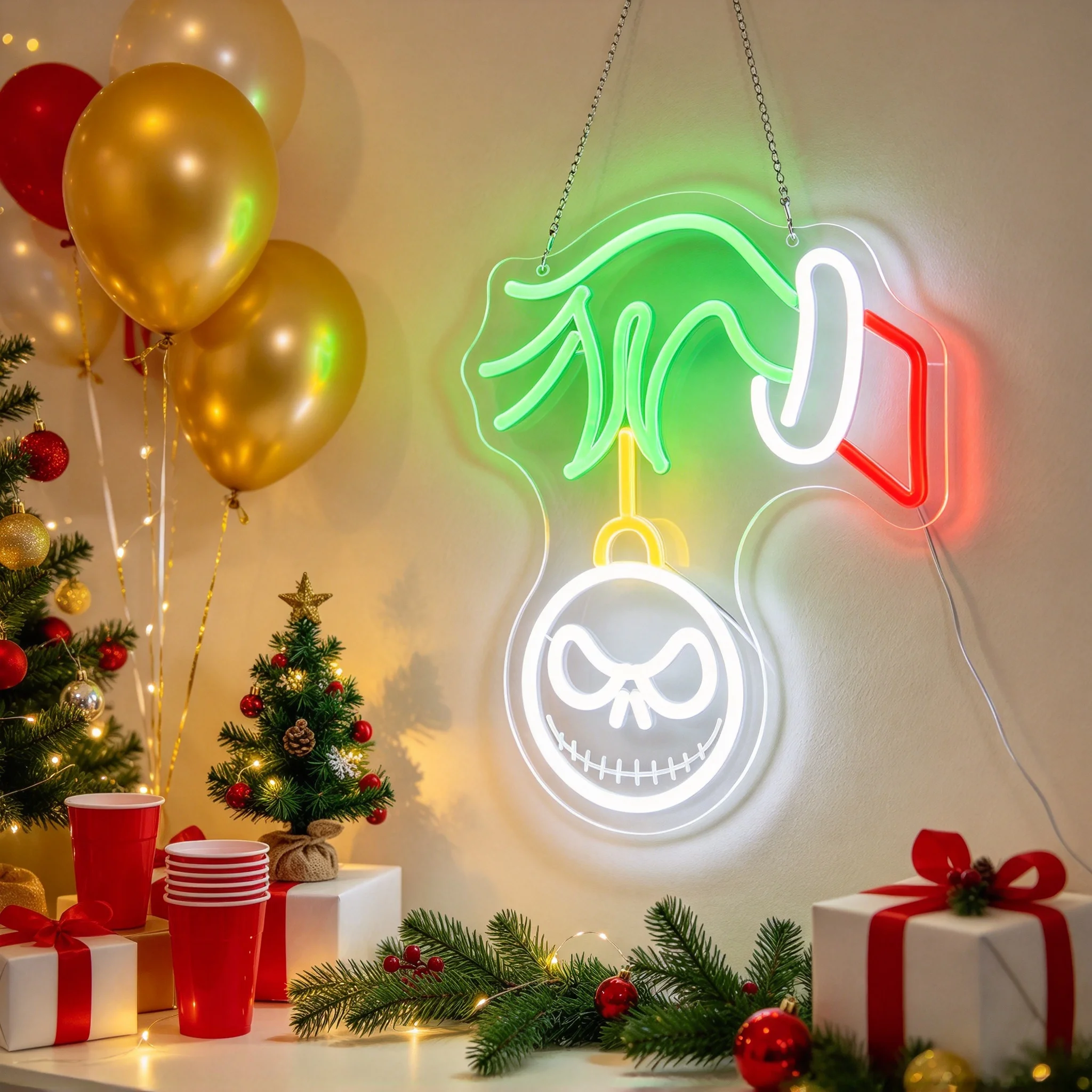 1 Christmas Green Handprint Wall Decal LED Acrylic Glow Light Sign Dimmer Switch Button Holiday Wall Decoration