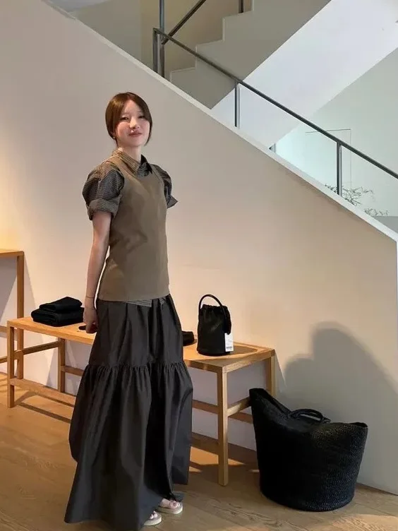 

Spring 2026 Plaid Shirt And Skirt Set Midi Length Unique Design Fashionable Retro Style Women's Ensemble Polyester F...