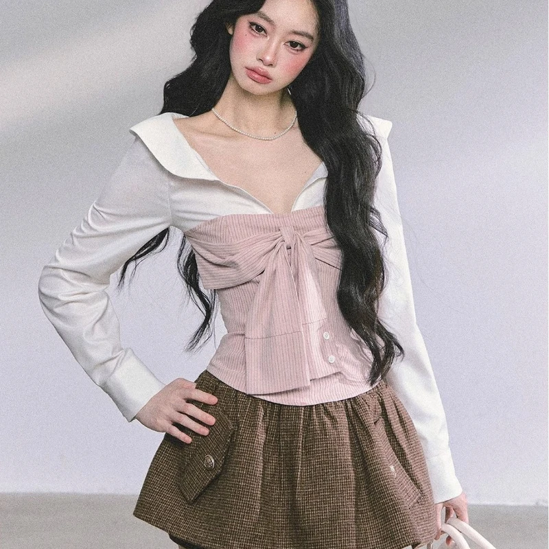 Deeptown Pink Striped Women Shirts Elegant Lace Up Long Sleeve Fake Two-piece Blouses Sweet Korean Fashion Slim Preppy Casual