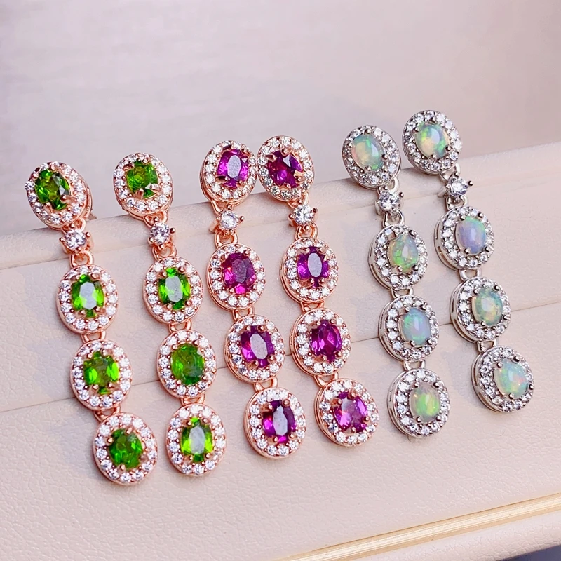 Natural color opal ear studs, garnet emerald 925 silver fashion, beautiful colors, changing beauty.