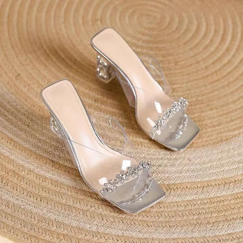 Crystal Block Heel Slippers Summer New Square Toe Open Toe Rhinestone Clear Strap Anti-slip Wear-resistant High Heels