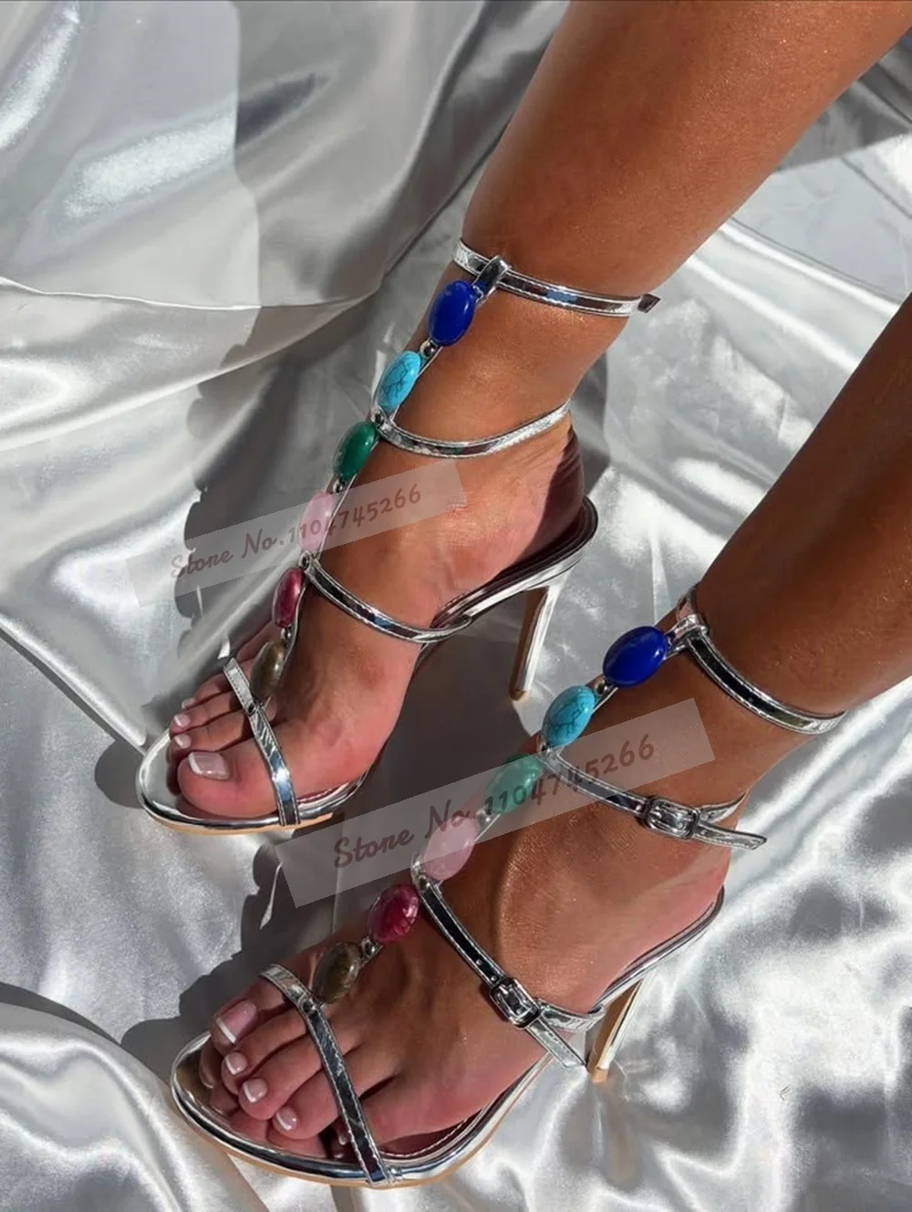 

Multi-Color Jewelry Gemstone High Heel Sandals Turquoise String Beaded Beach Dress Shoes Silver Criss Cross Strap Buckle Pumps