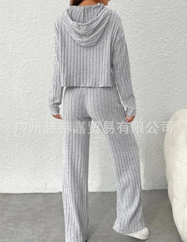 Two Piece Set Women Outfit 2023 Winter New Fashion Casual Elegant Solid Hooded Sweater Knitted Long Sleeve Loose Pants