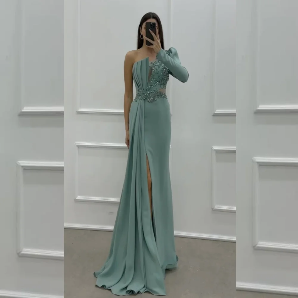   Jersey Sequined Ruched Valentine's Day A-line One-shoulder Bespoke Occasion Gown Long Dresses