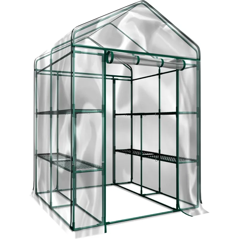 Walk in Greenhouse with 8 Sturdy Shelves and PVC Cover for Indoor or Outdoor Use - 56 x 56 x 76-Inch Green House