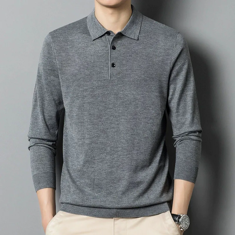 

New Men's Business Casual Long Sleeved Knitwear Solid Color Turn Down Collar Knitted Pullovers Comfortable Versatile Sweaters