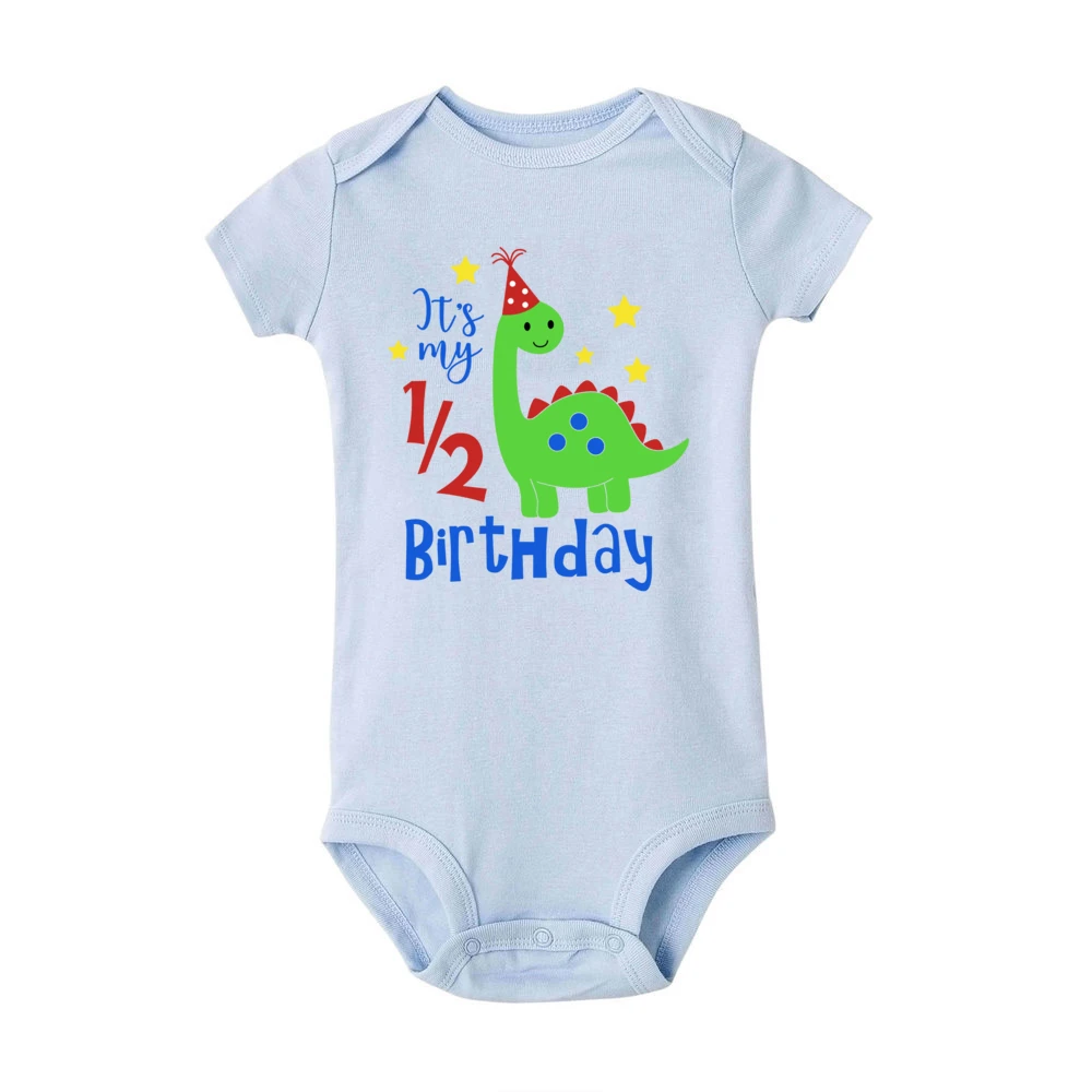 It\'s My 1/2 Birthday Dinosaur Print Baby Bodysuit Newborn Short Sleeve Jumpsuit Toddler Party Romper Clothes Infant Shower Gift