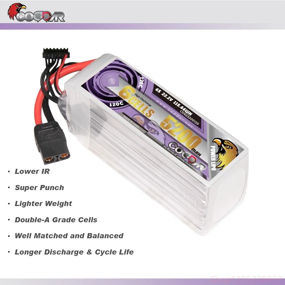 FPV Drone Battery 5200mAh 6S 22.2V 120C High Rate LiPo for RC Airplane Car Drone
