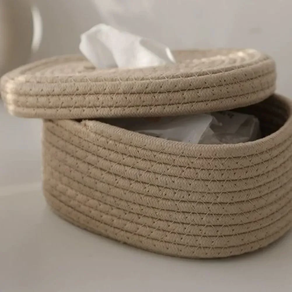 Caja de pañuelos de cuerda de algodón, caja de pañuelos tejida, caja de almacenamiento de escritorio, caja de papel de bombeo, decoración para el