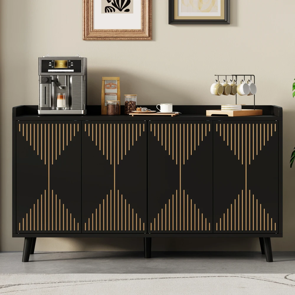 4-Türiger Sideboard-Aufbewahrungsschrank 140x40x84 cm Mehrzweck-Küchenschrank mit Verstellbaren Innenregalen Vitrine Organizer für Esszimmer Wohnzimmer Haushalt Möbel-Aufbewahrungseinheit