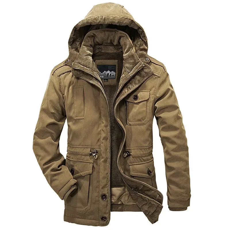 Jaqueta militar de carga masculina, Casacos à prova de vento, Parka longa, Casacos com capuz, Blusão grosso, Moda, Inverno