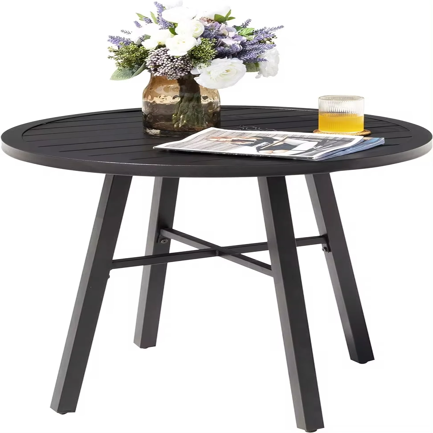 

28 Inch Round Patio Table, Metal Finished Outdoor Dinning Table, Outdoor Side Coffee Tea Table Bistro, Backyard, Lawn