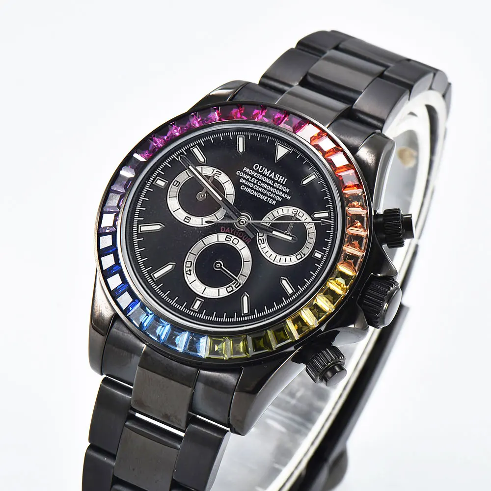 39mm relógio masculino de luxo 7750/4613d movimento mecânico automático cronógrafo moldura de pedra preciosa vidro safira relógio masculino preto