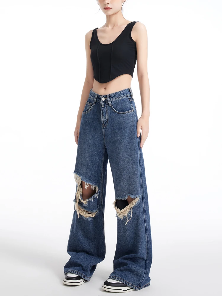 Autumn and Winter 2023 New Jeans Women's Loose Wide-Leg Pants Blue with Holes Washed Slim Slimming High Simple Trousers