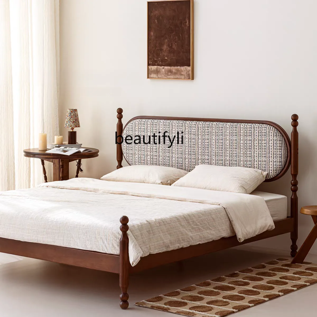 

Vintage French Style Double-Sided Rotatable Retro Fabric Bedroom Solid Wood Bed 1.8m Double Bed