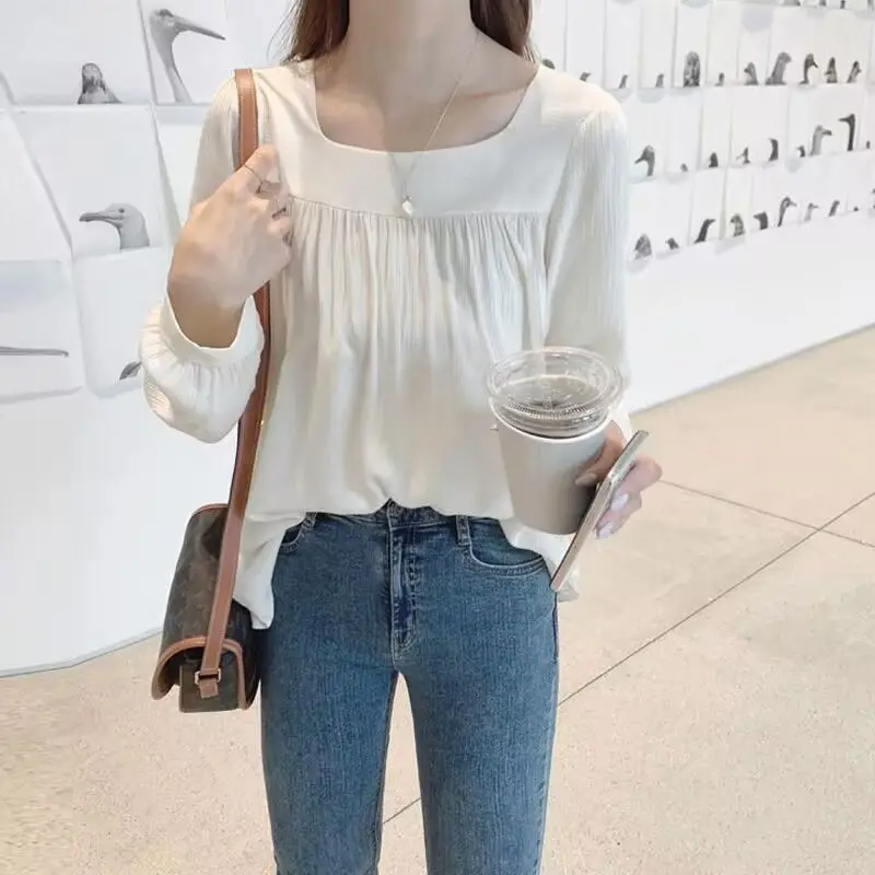 Korean Version of Simple Versatile Solid Color Square Collar Long-sleeved Shirt Female Spring Blouse Small Shirt Women's T-SHIRT