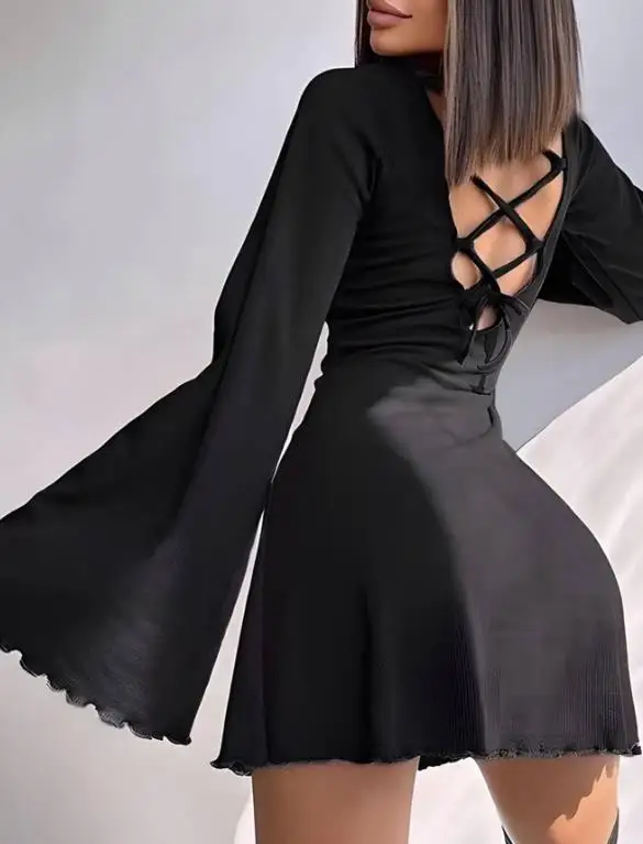 

2026 Elegant New Fashion Casual Hot Selling Big Flared Sleeve Dress Autumn and Winter Sexy Lace Up Short Skirt for Women