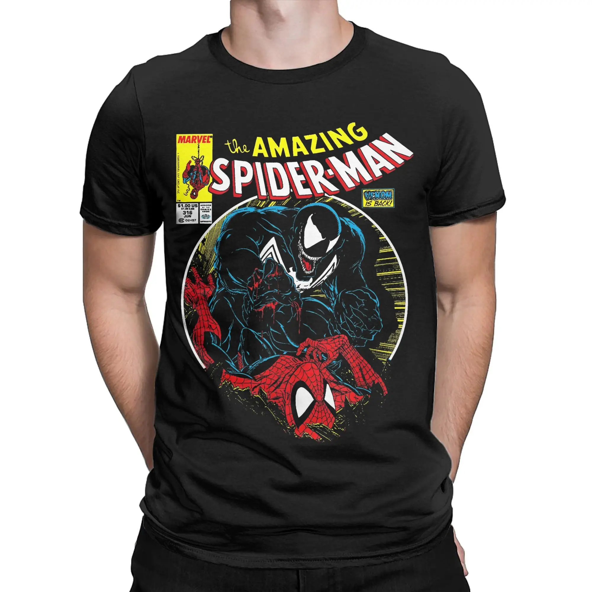 Marvel 2026 novo homem-aranha veneno capa cômica impressão camiseta masculina e feminina manga curta rua casual solto plus size pop topo