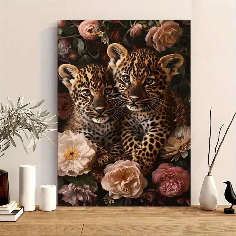 Multiple sizes 1pc frameless Canvas Painting,Leopard in Bloom Blooming Pink and Beige Flowers Poster and Prints Canvas Painting