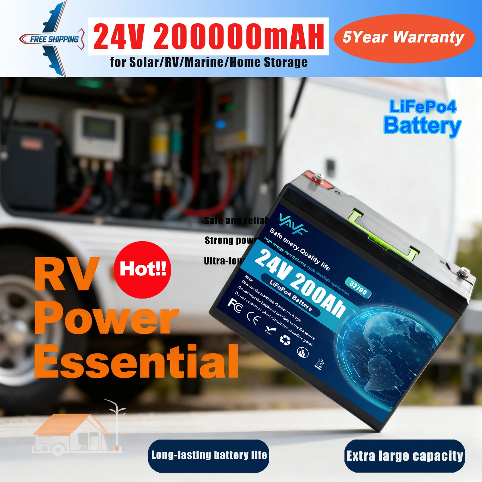 

LiFePO4 24V200Ah Battery Integrated BMS,8000+Cycles, Designed for ️Solar Storage, Campers, Boats & Off-Grid Living Spaces