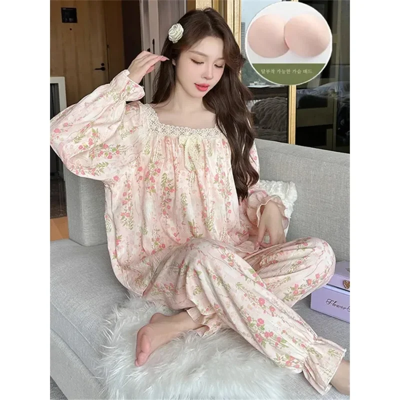 

With Chest Pad Princess Sle Pajamas Women Lace Long sleeve Trousers Spring and Autumn New Sweet Home Wear Set