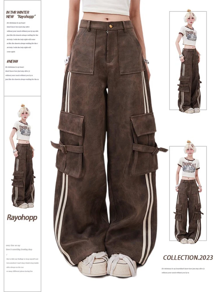 Autumn Winter Women Maillard Baggy American Vintage Cargo Pants Harajuku Fashion Long Trousers Wide Leg Grunge Cyber Punk 2000s