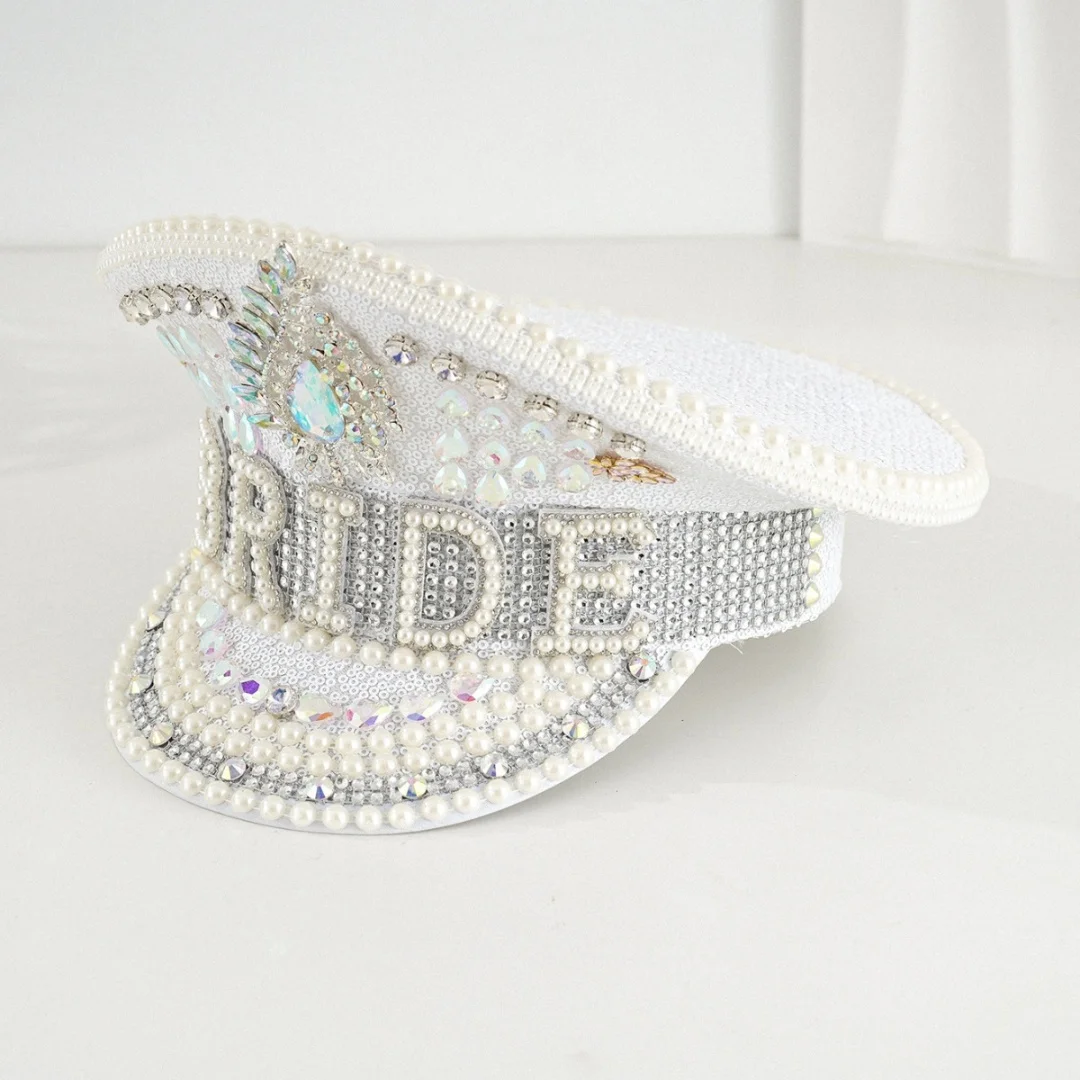 HongLuan Yellow Laser Leather Loop Captain Hat Rhinestone & Military Caps for Woman, Rave Festivals Accessories ＆ Party Cap Man