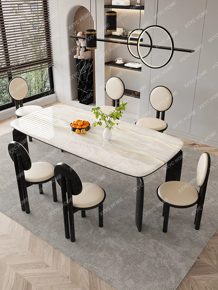 202 Solid Wood Natural Microlite Rectangular Dining Tables and Chairs Set Modern Minimalist Marble Home Dining Table