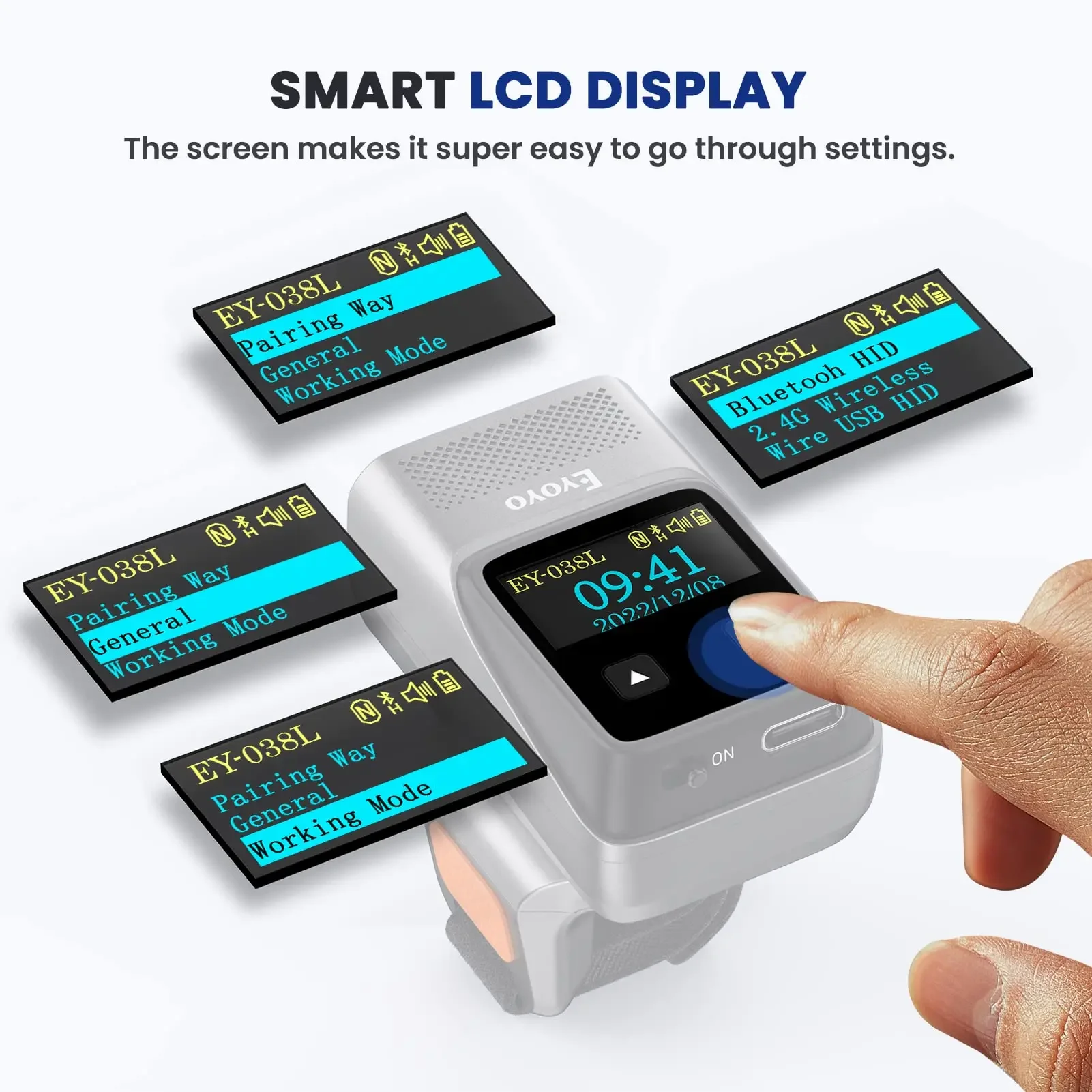 Eyoyo EY-038L Wearable Laser Scanner 1D Bluetooth Mini Barcode Reader High-Speed Scanning for iOS/Android & Ambidextrous Design