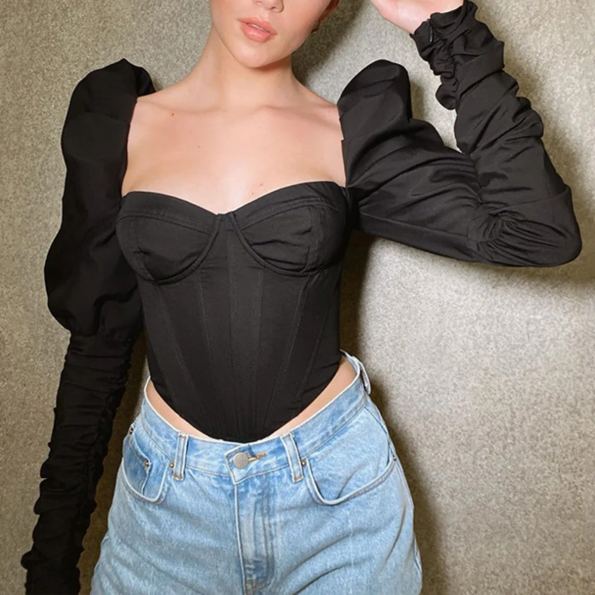 Women Vintage Elegant Long Sleeve Square Neck Camisole Corset  Slim Fit Sexy Bustier French White Top Lingerie Tank Tops T-shirt