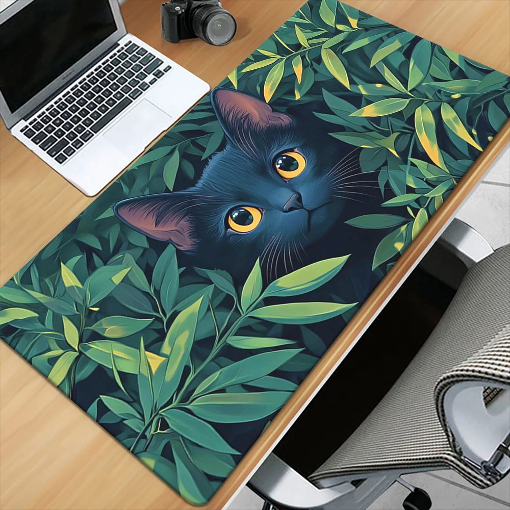

Black Cat In Leaves Extended Desk Mat Cute Animal Rubber Non-Slip Gaming Mouse Pad for PC Office