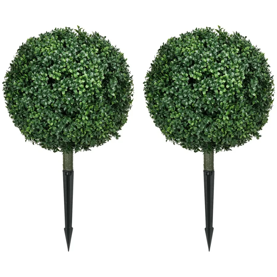 

Artificial Boxwood Trees with Ground Stake, Set of 2 Ball Shaped Topiary Trees for Home Office Living Room, UV Resistant Green