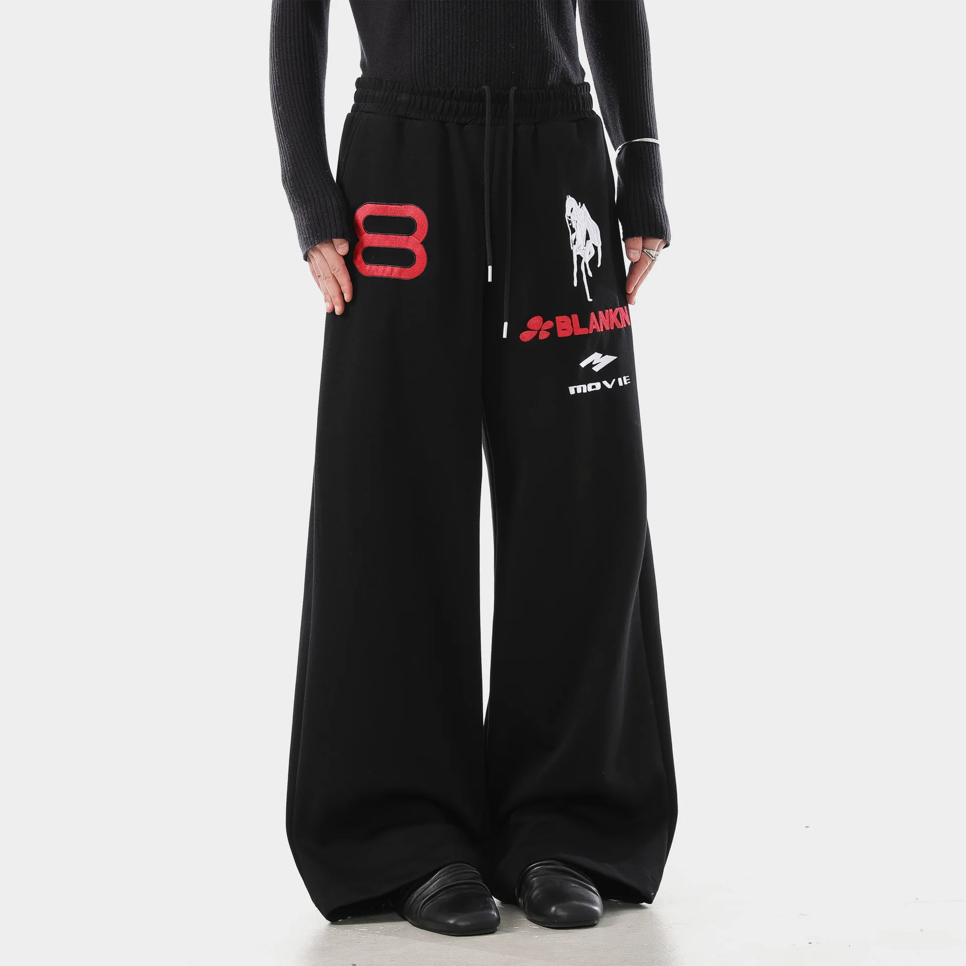 American Style Street Heavyweight Angel Battle Embroidery Elastic Waist Sports Sweatpants Loose Wide Leg Long Trousers for Me...